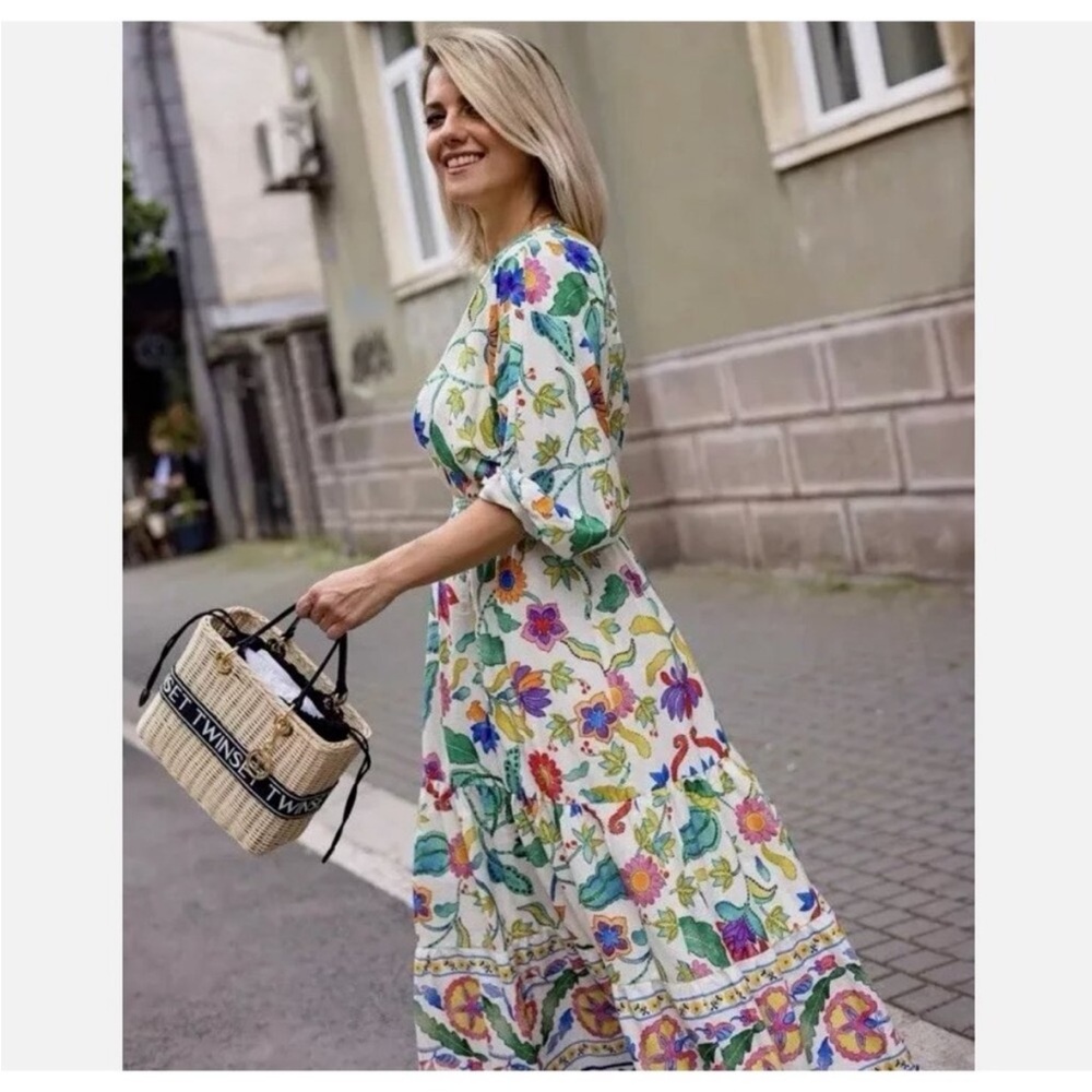 PRINTED LINEN BLEND KNOTTED DRESS - Picture 8 of 16